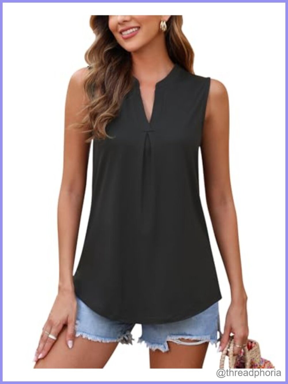 Womens Summer V Neck Sleeveless Pleated Tank Top Loose Fit Casual